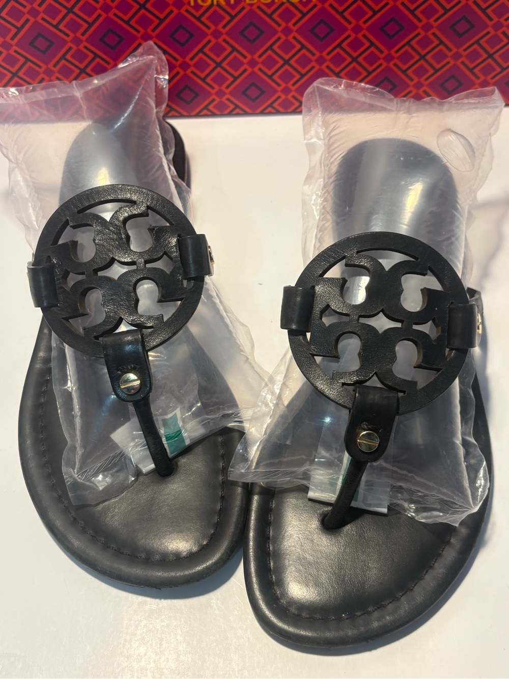 Tory Burch Black Leather Logo Thong Sandals